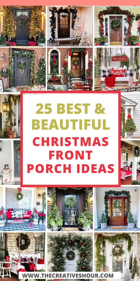 25 Festive And Gorgeous Christmas Front Porch Ideas Outside Christmas Tree Ideas Front Porches, Ranch Style Home Christmas Decor Exterior, Front Porch Christmas Decor Ideas Snowman, House Front Christmas Decorations, Front Porch Hanging Christmas Decor, Front Porch With Christmas Tree, Trees On Front Porch Christmas, Christmas Decorations For Porch Outdoor, Christmas Decorating Front Door