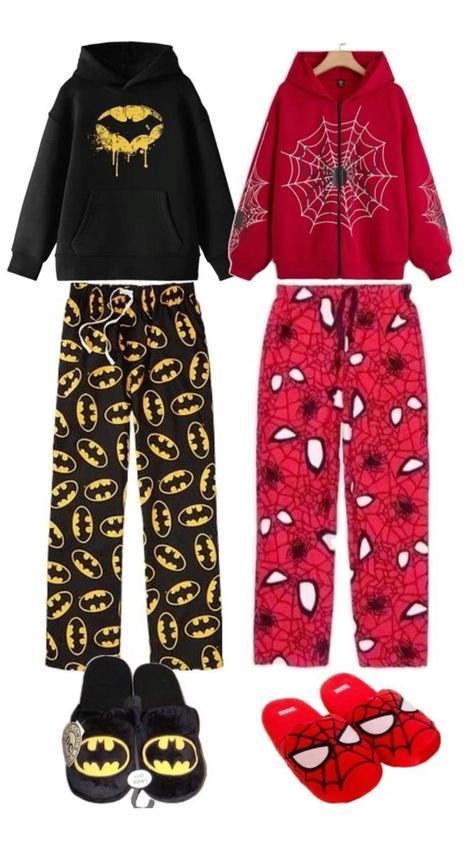 Batman Pjs, Spiderman And Batman, Hello Kitty Pjs, Pj Outfit, Spiderman Outfit, Bff Matching Outfits, Sneakers Outfit Casual, Bff Matching, Bestie Outfits