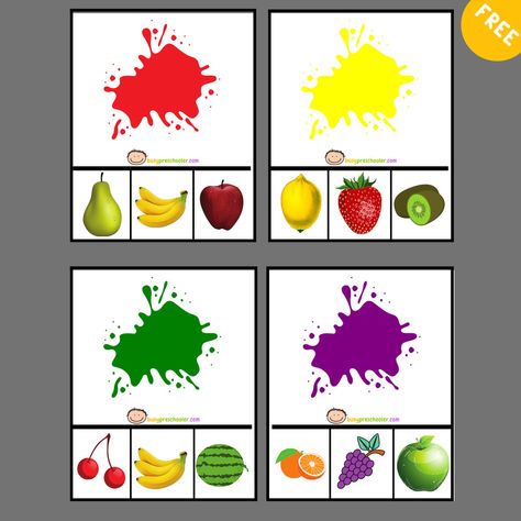 Color Matching Clip Cards For Toddlers | Free Fruit Color Matching Cards Fruit Matching Printable, Fruit Clip Art, Teach Colors, Toddler Math, Sorting Colors, School Kids Crafts, Lacing Cards, Preschool Colors, Free Printable Cards