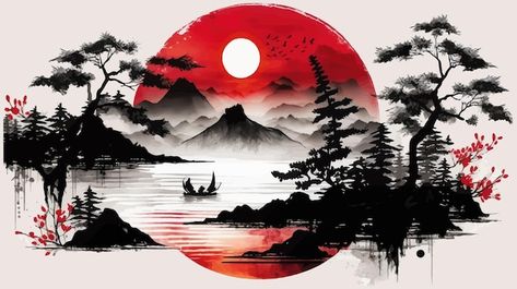 Vector ink painting of morning landscape... | Premium Vector #Freepik #vector #japanese-painting #landscape-painting #chinese-painting #chinese-landscape Red Landscape Wallpaper, Japan Landscape Painting, Japanese Art Wallpaper Desktop, Illustration Art Landscape, Japanese Art Landscape, Japanese Landscape Painting, Japanese Landscape Art, Morning Landscape, Chinese Ink Painting