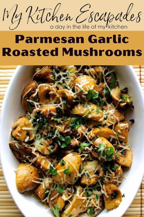 an image of Parmesan Garlic Roasted Mushrooms
on an oval white plate. Potato Mushroom Recipe, Mushroom Side Dish Recipes, Garlic Roasted Mushrooms, Garlic Mushrooms Recipes, Sides Potatoes, Mushroom Side Dishes, Side Dish For Thanksgiving, Mushrooms Recipes, Mushroom Appetizers