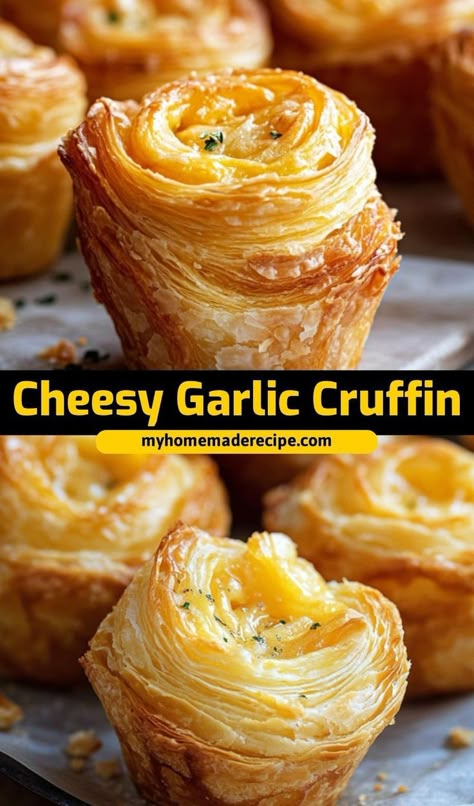 This cheesy garlic cruffin is the best cruffin for a savory, buttery treat. Filled with garlic and melted cheese, it’s the ultimate cruffin for a unique snack or side dish Christmas Food Gifts Savory, Cheesy Garlic Cruffin Recipe, Baking Ideas Savoury, Crocembouche Recipe, Unique Dishes Food, Cheesy Garlic Crinkle Pie, Cheesy Garlic Cruffin, Cheesy Cruffins, Unique Cooking Recipes