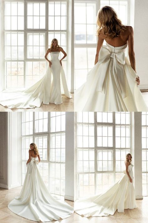 A royal wedding gown with a fabulous train. A sheath dress is made of glossy fabric. The silhouette accentuates the figure of the bride. A strapless bodice is decorated with a falbala that highlights a decollete. Extra-low bodice bares a bride’s back. A fantastic additional skirt is embellished with a big bow and passes into a long train and. Strapless Satin Wedding Dress A Line, Satin Dress With Train, Elegant Big Wedding Dress, White Wedding Dress With Bow, Strapless Wedding Dress Long Train, Veil Strapless Dress, Wedding Dress With Closed Back, Chic Mermaid Wedding Dress, Elegant Wedding Dress With Bow On Back