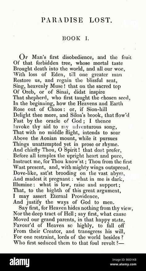 Download this stock image: First Page of Paradise Lost Poem by John Milton published by Edward Churton of London 1836 - B0D1KB from Alamy's library of millions of high resolution stock photos, illustrations and vectors. John Milton Paradise Lost Illustrations, Paradise Lost John Milton, John Milton Paradise Lost Quotes, Paradise Lost Quotes, Lost Poem, Paradise Lost Book, John Milton Paradise Lost, Milton Paradise Lost, John Milton