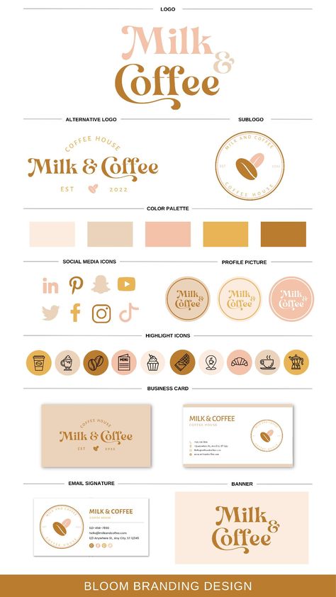 Milk & Coffee Logo - modern logo Business Branding Template, Patisserie Branding Visual Identity, Branding Package Template, Brand Package Template, Brand Sheet Style Guides, Brand Identity Kit Template, Brand Identity System Design, Canva Brand Kit Colors, Brand Design Package