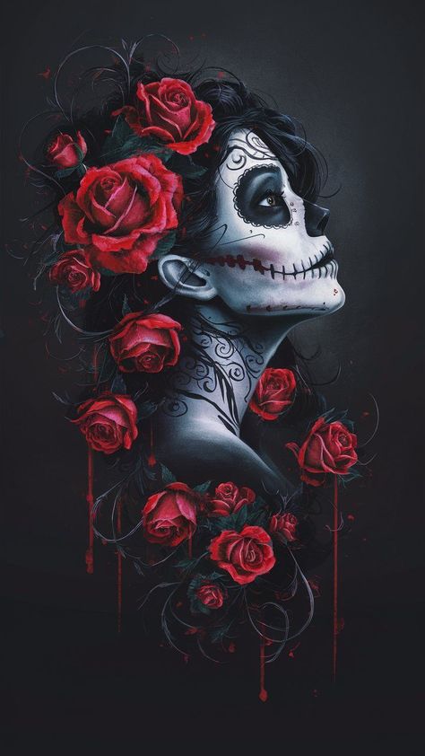 Catrina Wallpaper, Sugar Skull Art Painting, Pretty Skull Tattoos, Mexican Skull Art, Beautiful Spine Tattoos, Olivia Lee, Sugar Skull Wallpaper, Spine Tattoo Ideas, Sugar Skull Artwork