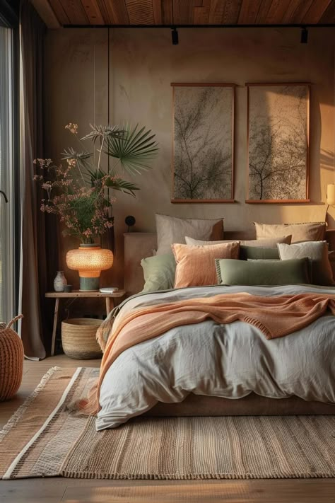 19 Best Earthy Modern Bedroom Ideas for a Cozy Retreat 35 Bedroom Nature Decor, Tonal Bedroom Ideas, Earthy Color Bedroom Ideas, House Interior Natural Colors, Coffee Colored Bedroom, Natural Boho Bedroom Ideas, Modern Eccentric Bedroom, Best Color Schemes For Bedroom, Cosy Earthy Bedroom