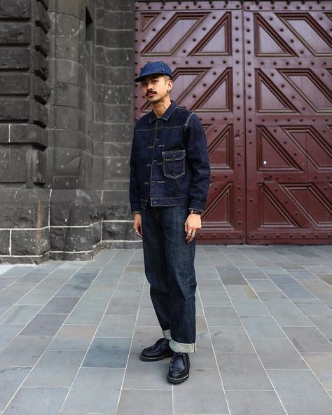 Boy Indigo in full Canadian suit —— // 👖 | Instagram Men’s Denim Jacket Style, Denim Chore Jacket Outfit, Denim Jacket Outfit Mens, Canadian Suit, Denim Jacket Styling, Indigo Denim Jacket, Denim Outfit Men, Denim Jacket Outfit, Denim Jacket Fashion