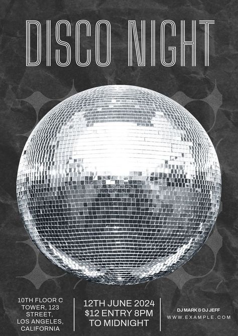 Disco night  poster template, editable text and design | premium image by rawpixel.com / George Silver Poster Design, Disco Flyer Design, Party Poster Design Ideas, Disco Poster Design, Disco Party Poster, Club Poster Design, Disco Ball Graphic, Party Banner Design, Party Disco Ball