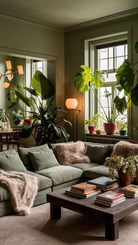 Plant House Decoration Living Rooms, Earthy Living Room Green Couch, Cozy Green Apartment, Living Room Inspiration Earthy, Apartment Decorating Green, Living Room Inspiration Cozy Green, Green Eclectic Living Room, Green Cozy Living Room, Cozy Green Living Room