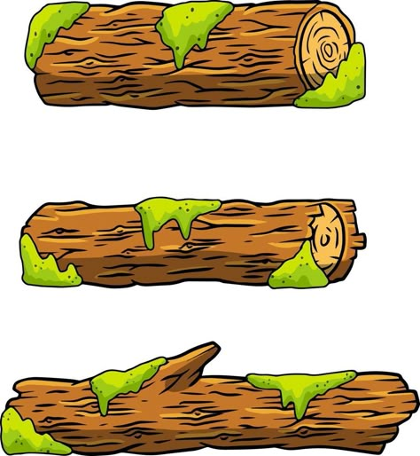 Vector brown log with green moss. Building wood material, natural element. Environment of forest. Set of cartoon illustration Cartoon Forest Background Illustrations, Moss Building, Log Illustration, Moss Drawing, Moss Illustration, Log Drawing, Cartoon Environment, Wood Cartoon, Forest Elements