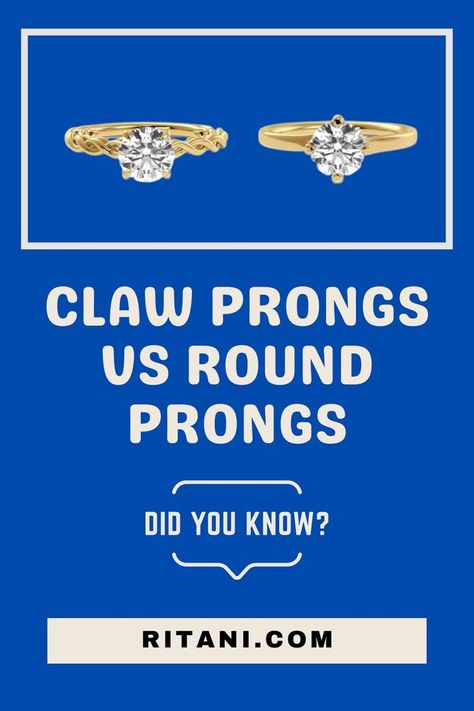 Claw Prongs vs Round Prongs I Prongs are essential: without them, you will lose your diamond. Prongs are the tiny pieces of metal that hold your diamond and secure it to the setting. Most engagement rings have 4 prongs, although 6-prong and 8-prong settings are also popular styles.  I #ruby  #sapphire #gemstones Dream Engagement Ring, Retail Jewelry, Jewellery Marketing, Claw Prong, Claw Setting, Diamond Education, Dream Engagement, Dream Engagement Rings, Ruby Sapphire