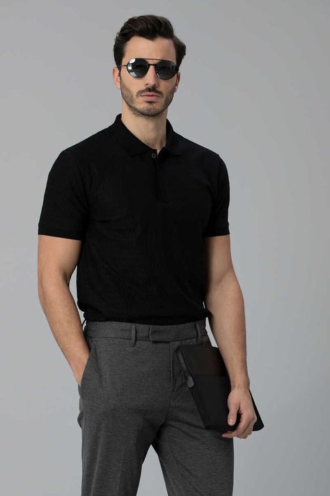 Black Shirt Outfit Ideas For Men, Polo Business Casual Men, Man Polo Outfit, Polo T Shirts For Men Outfit Formal, Formal Polo Outfit Men, Black Polo Outfit Men Formal, Mens Casual Formal Outfits, Black Polo Outfit Men Casual, Business Casual Outfits Men Work Attire