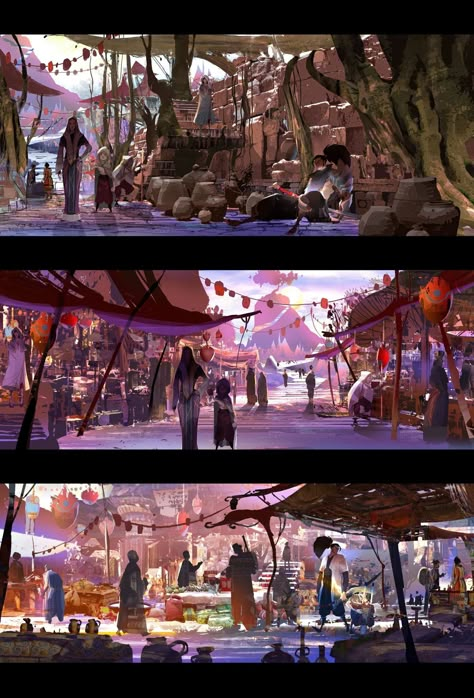 Fantasy Market, Spirit Blossom, Environment Painting, League Of Legends Art, Background Painting, Landscape Concept, Perspective Art, Arte Cyberpunk, Splash Art