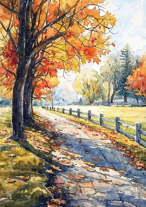 Autumn Landscape Painting Watercolour, Watercolor Paintings Pictures, Autumn Pictures Art, Autumn Scenery Landscape, Watercolor Trees Landscape, Scenery Watercolor Paintings, Autumn Landscape Drawing, Autumnal Watercolour, Autumn Illustration Fall