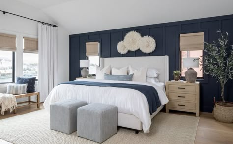 One Navy Wall Bedroom, Navy Wall Behind Bed, White Bedding With Navy Accents, Navy White And Wood Bedroom, Navy Blue Statement Wall Master Bedrooms, Master Bedrooms Decor Cozy Navy Blue, Bedding With Navy Walls, Dark Blue Accent Wall Master, Navy Blue Bedroom Board And Batten