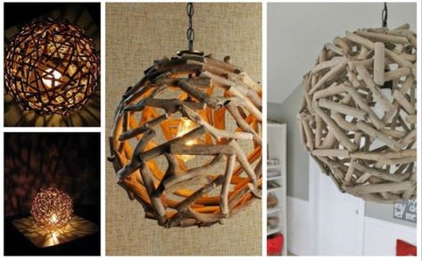 DIY Wooden ball lamps from twigs or driftwood Driftwood Hanging, Driftwood Chandelier, Driftwood Diy, Driftwood Lamp, Diy Lampe, Ball Pendant Lighting, Driftwood Decor, Ball Lamps, Pendant Light Shades