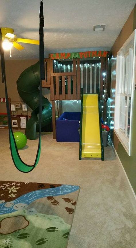 Indoor Play Area For Kids Playroom Ideas, Indoor Play Loft, Playroom Slide Ideas, Indoor Slide Playroom, Indoor Playroom Ideas, Indoor Jungle Gym Playroom, Indoor Treehouse, Playroom Loft Ideas For Kids, Indoor Treehouse Playroom