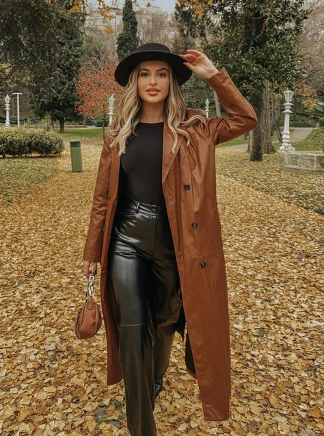 Long Brown Leather Jacket Outfit, Leather Coat Outfit, Brown Leather Jacket Outfit, Faux Leather Coat, Leather Jacket Outfits, Leather Trench, Zara New, Trench Jacket, Leather Trench Coat