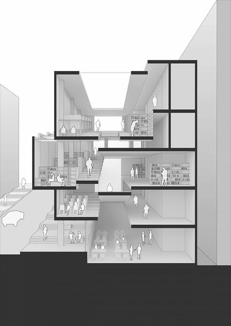 Levels Architecture Concept, Library Section Architecture, Sectional Axonometric Architecture, Long Section Architecture, Detailed Section Architecture, Library Project Architecture, Stairs Section, Architecture Section Drawing, 3d Section