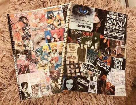 Goth Journal Aesthetic, Emo Journal Ideas, Notebook Collage Cover, Emo Scrapbook, Emo Notebook, Mcr Collage, Emo Journal, Scene Core Wallpaper, Notebook Collage