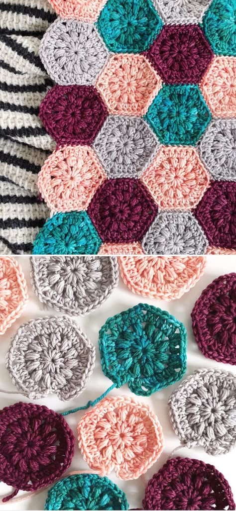 Amazing Hexagon Crochet Blankets – 1001 Patterns Crocheted Hexagons Granny Squares, Honeycomb Hexies Crochet, Crochet Puff Stitch Hexagon Pattern, Granny Square Crochet Pattern Hexagon, Hexi Crochet Pattern, Hexie Crochet Blanket, Honeybee Hexagon Crochet, Hexagon Blanket Border Crochet, Small Hexagon Crochet Pattern