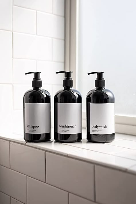 Refillable Shampoo Bottles, Shower Dispenser, Easy Bathroom Organization, Black Bathroom Sets, Shampoo And Conditioner Bottles, Black Bathroom Accessories Set, Hotel Shampoo, Modern Black Bathroom, Black Shampoo