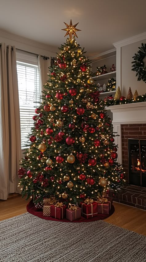 🎄✨ Dive into the magic of Christmas with this stunning tree adorned in rich red and gold baubles! The twinkling lights and elegant star topper perfectly capture the warm holiday spirit. Cozy gifts and a glowing fireplace complete this festive scene, creating the perfect holiday ambiance. 🎁🔥 #christmas #holiday #decor #festive #cozy #christmastree #warmth #decorations #holidayseason Christmas