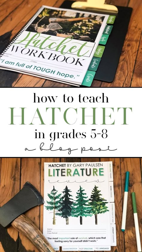 This blog post covers ways to teach Hatchet by Gary Paulsen in middle school ELA and high school English. I designed a novel unit that has hands-on, interactive activities and projects for the book and show how it's used in the blog post. #middleschoolela #middleschoolenglish #novelstudy #highschoolela #highschoolenglish #hatchet Hatchet Book Project Ideas, Hands On Ela Activities Middle School, Hatchet Activities Middle School, Homeschool Novel Study, The Hatchet Book Project, Unit Studies For Middle School, Book Unit Studies, Survival Unit Study, 5th Grade Novel Studies