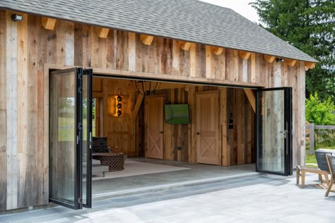 Pool Barn House, Accordion Glass Doors, Barn Pool House, Timber Frame Garage, Large Glass Doors, Nana Wall, Barn Pool, Pool House Shed, Timber Frame Design