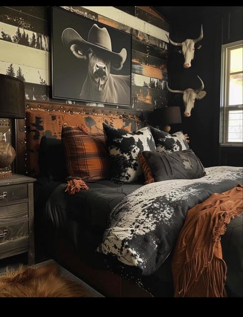 Emerald Green Western Bedroom, Western Bedroom Curtain Ideas, Black And Brown Western Bedroom, Soft Western Bedroom, Barn House Bedroom Ideas, Western Green Bedroom, Western Bedroom Furniture Ideas, Country Boy Room Ideas, Rustic Country Bedroom Ideas