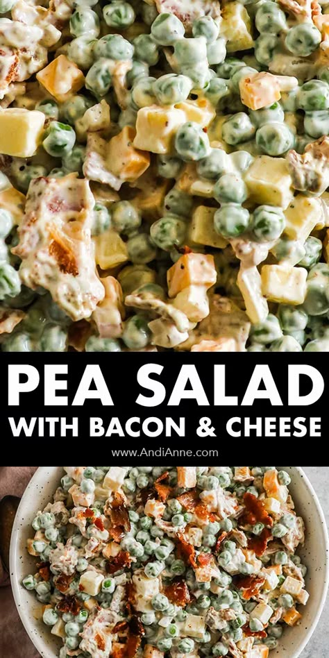 Pea salad is a creamy side dish made with peas, bacon, cheese and red onion, all smothered in a creamy sauce. Classic Pea Salad, Creamy Pea Salad, Bacon Pea Salad, Pea Salad With Bacon, Peas Bacon, Family Lunches, Cold Salad Recipes, Pea Salad Recipes, Creamy Peas