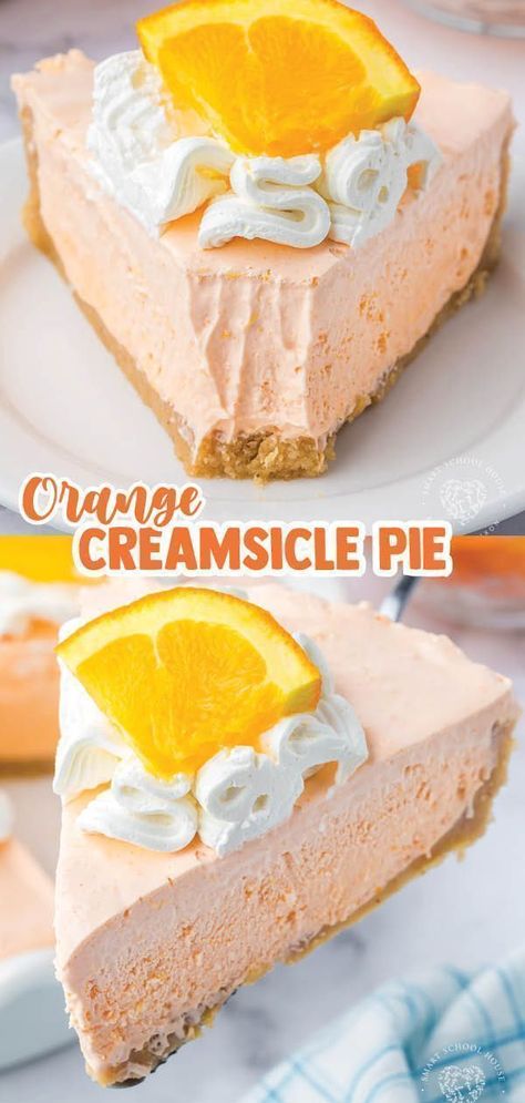 An Orange Jello Creamsicle Pie is an orange popsicle with an irresistible creaminess, all in a cookie pie crust. It screams hot summer days and ice cream trucks! This quick and easy Jello Creamsicle Pie is spring and summer dessert perfection. Serve it outside, poolside, or as a cold dessert to enjoy under the warm sun. Creamsicle Pie made with orange Jello combines those classic creamy orange flavors in a no-bake dessert! Save this recipe now. Orange Creamsicle Pie, Creamsicle Pie, Orange Creamsicle Cheesecake, Creamsicle Cheesecake, Dessert Halloween, Orange Baking, Postre Keto, Desserts Vegan, Cold Desserts