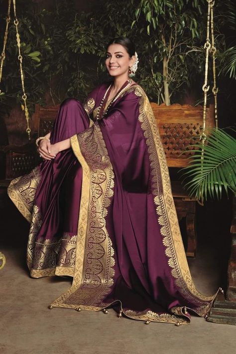 Kajal Aggarwal Kajal Aggarwal Saree, Burgundy Saree, Saree For Engagement, Kajal Agarwal Saree, Telugu Culture, Kajol Saree, Engagement Saree, Sharara Designs, Sari Design