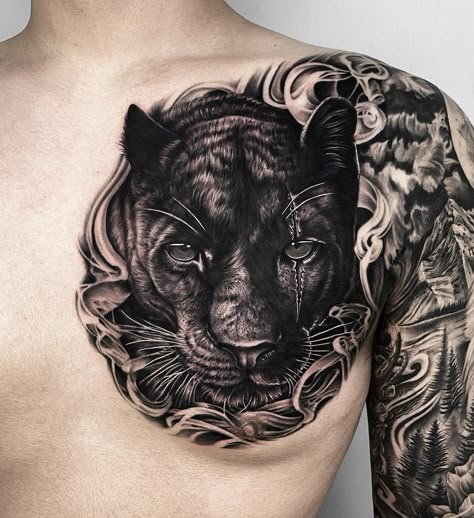 Jaguar Chest Tattoo Men, Coverup Chest Tattoo, Black Panther Chest Tattoo Men, Panter Tattoo Men, Black Chest Tattoo, Black Panther Tattoo Men, Animal Chest Tattoo, Panther Tattoo Men, Animal Chest Tattoo Men