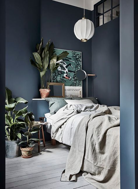 Moody Blue Bedroom Inspiration / My Unfinished Home Scandinavian Bedroom Decor, Gravity Home, Interior Design Minimalist, Scandinavian Bedroom, Gray Bedroom, Blue Rooms, Blue Bedroom, Blue Walls, My New Room