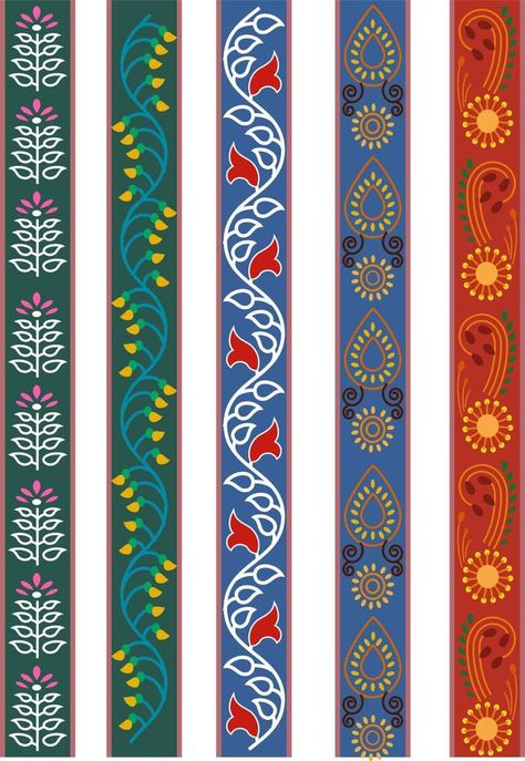 colorful kalamkari vector border design. Indian Traditional Illustration For Textile Branding Indian Borders Design, Border Design Traditional, Indian Ornamental Design, Folk Design Indian, Kalamkari Motifs Design, Kalamkari Painting Motifs, Indian Pop Art Illustrations, Modern Indian Design, Kalamkari Illustration