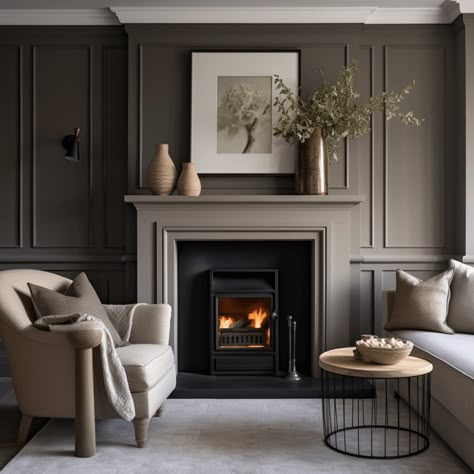 Fireplace Mantle On Brick Wall, Fireplace Mantle Living Room, Dark Academia Board And Batten, Fireplace Same Colour As Wall, Classic Fireplace Tile, Fireplace And Panelling, Painted Fireplace Mantles, Black Accent Wall Decor Ideas, Cabinets Beside Fireplace Freestanding