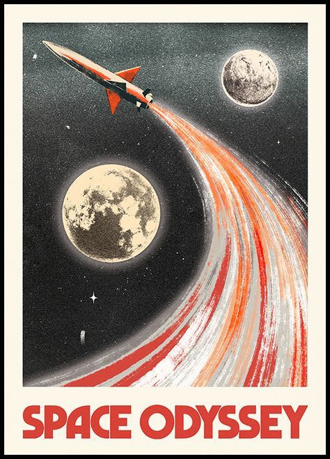 Space ship in space  Astonomi themed print with a space ship traveling across space between planets and stars. Bring the adventure of space into your home and find more inspiration in our "Space and astronomy" category. Russian Space Poster, Room Poster Inspiration, Space Exploration Poster, Space Themed Poster, Space Theme Aesthetic, Space Inspired Art, Space Adventure Aesthetic, Space Poster Ideas, Space Exploration Aesthetic