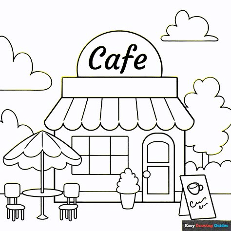 Free printable cafe coloring page Cafe Coloring Pages, Kids Cafe, Book Cafe, Printable Coloring Sheets, Online Coloring Pages, Easy Coloring Pages, Drawing Tutorial Easy, Guided Drawing, Sketches Easy