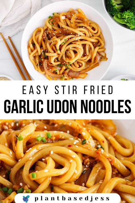 View on a bowl of vegan garlic udon noodles. Meal Ideas Asian, Vegan Noodles Asian, Udon Noodle Chow Mein, Easy Vegetarian Noodle Recipes, Chilli Garlic Udon Noodles, Udon Noodle Recipe Tofu, Recipe For Udon Noodles, Japanese Style Noodles Recipe, Garlic Udon Noodle Recipe