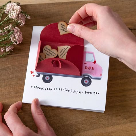 Delight your loved one with a truckload of love with our unique Valentine's Card—a cute and quirky keepsake that lets you express all the meaningful things you love most about them.The card features a charming truck design with the back of the truck formed by a paper envelope. Inside this envelope, wooden love hearts are neatly folded, each carrying a personalised message. You can personalise the hearts with up to 4 meaningful reasons, reminding your loved one why they mean so much to you. Valentines Day Cards Handmade Cute Ideas, Valentine Card Ideas Handmade, Cute Love Cards, Unique Card Ideas, Valentines Day Cards Handmade, Meaningful Things, Anniversaire Diy, Loads Of Love, Valentine Cards Handmade