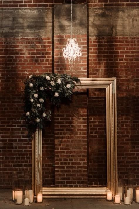 Cadre Photo Booth, Wedding Ceremony Backdrop Indoor, Ceremony Backdrop Indoor, Moody Winter Wedding, Thick Forest, Winter Wedding Planning, Gilded Frame, Romantic Wedding Ceremony, Indoor Wedding Ceremonies