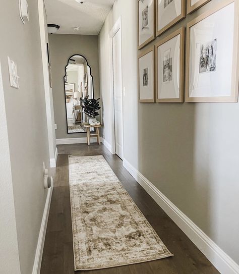 Next To Door Decor Interior, White Hallway Decor, Hallway Decor Inspiration, Upper Hallway Ideas, Long Entrance Hall Ideas, Narrow Hallway Decorating Entrance, Hallway Accent Wall Ideas, End Of Hallway Decor Ideas, End Of Hallway Decor