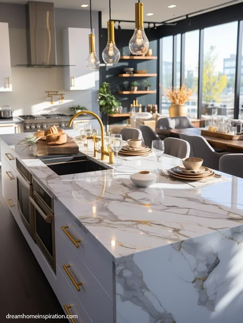 10 Tips to Transform Your Kitchen: Add A Touch of Sophistication White Gold Marble Kitchen, Glam Kitchen, Clutter Free Kitchen, Modern Luxury Kitchen, Elegant Kitchen Design, Kitchen Design Pictures, Countertop Ideas, Countertop Decor, Kitchens Design