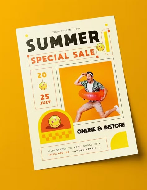 Summer Sale Flyer Template. Get your creative juices flowing with this beautiful and fully customizable flyer template. Perfect for promoting your summer sale, this template is available in EPS and PSD formats. #summersale #flyer . #Promotional_Posters_Design #Flyer_Ads_Design #Sale_Poster_Ideas_Graphic_Design #Poster_Ads_Design_Ideas Sale Poster Ideas Graphic Design, Summer Sale Flyer Design, Poster Ads Design Ideas, Flyer Design Ideas Graphics, Flyer Layout Design Inspiration, Summer Sale Poster Design, Summer Layout Design, Retro Flyer Design, Flyer Design Inspiration Layout