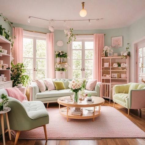 Pastel Home Office Ideas, Pastel Home Aesthetic, Pastel Living Room, Cozy Ideas, Pastel Interior, Pastel Home Decor, Pink Living Room, Pastel House, Casa Vintage