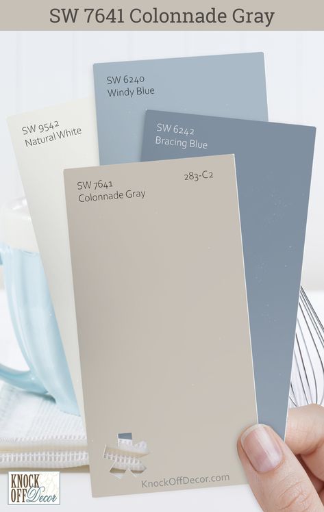 I've found Colonnade Gray to be a reliable partner in design, anchoring spaces with its solid grace. Here, we have SW Bracing Blue, Windy Blue, and Natural white as the trim. The palettes I've paired with it are in my full review, ready to inspire your next project! Greige Paint With Blue Undertones, Dusty Blue Accent Colors, Light Blue Pallet Colour Schemes, Grey Blue Brown Color Scheme Master Bedrooms, Outer House Paint Exterior Colors Indian, Two Tone Blue Room, Blue Gray Living Room Ideas, Blue Color Palette Kitchen, French Blue Paint Color Sherwin Williams