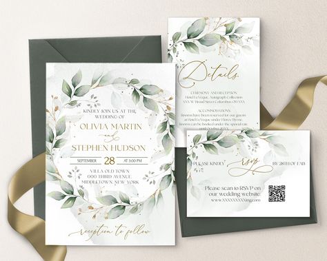 Editable Wedding Invitation with Rsvp Template | Greenery Gold Design Bundle | Rsvp with Qr code Greenery Eucalyptus Invitation set | GRACE Royalty Wedding, Eucalyptus Invitation, Green Gold Weddings, Invite Suite, Greenery Invitation, Event Id, Qr Code Generator, Wedding Greenery, Eucalyptus Wedding Invitation