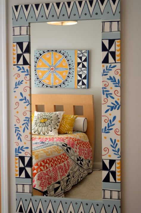 Bright colored bohemian chic teen bedroom makeover. Walls painted in @SherwinWilliams Crushed Ice and Mara Hoffman bedding from Anthropologie is the inspiration for the full length mirror and custom art canvas by Meme Hill Studio. Bohemian Full Length Mirror, Mirror Wall Painting, Wall Makeover Ideas, Refurbished Mirror, Wall Mirror Ideas, Boho Teen Bedroom, Teen Bedroom Makeover, Wall Mirror Decor, Bed Makeover